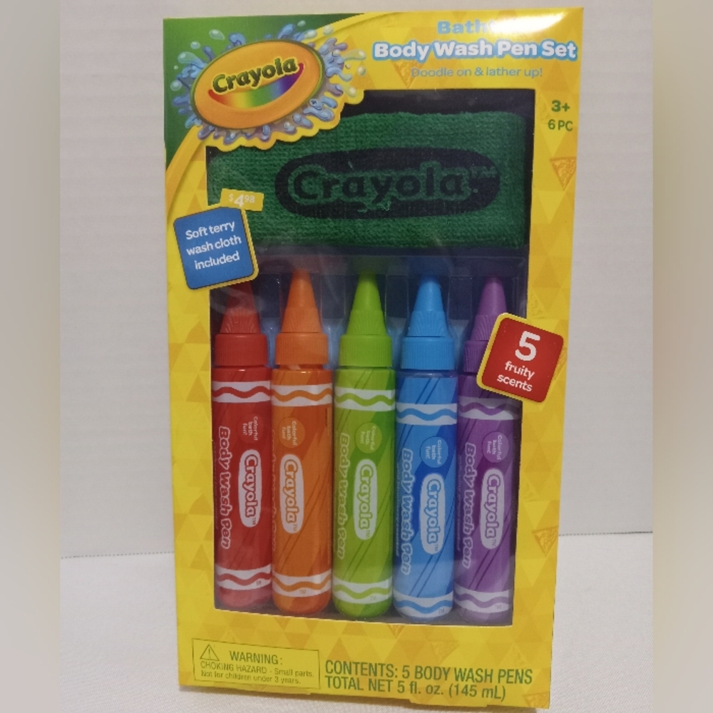 NEW Crayola Bathtub Body Wash Fun Fruity Scent 5 Pens W/Washcloth Boxed Gift Set